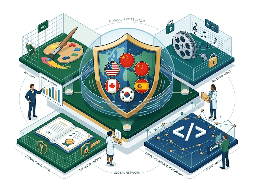 Global IP protection shield — trademark monitoring across 100+ jurisdictions